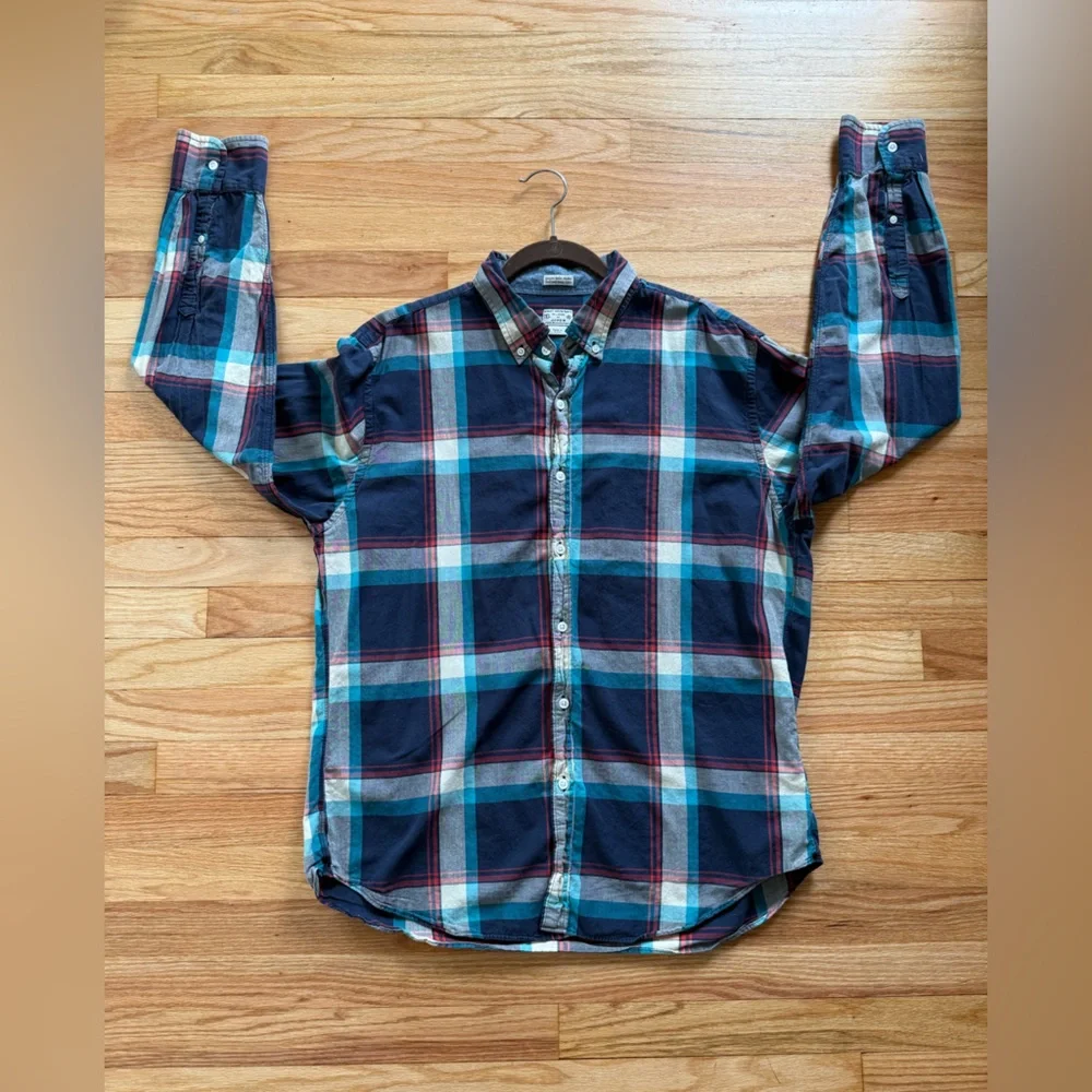 J. Crew Men's Casual Plaid Shirt - Navy, Red, and Teal XL